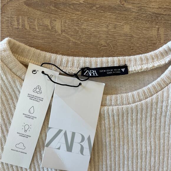 Zara Crochet Ribbed Knit Long Sleeve Top Size M Cream Cottagecore Boho NWT - Picture 3 of 8